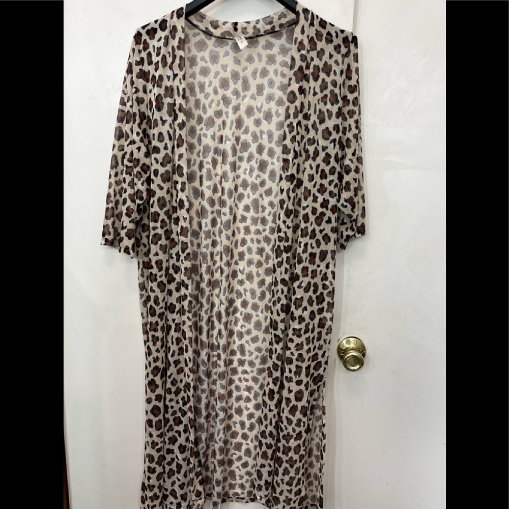 24/7 kimono, leopard print mesh.  Ankle length.  3/4 length sleeve.